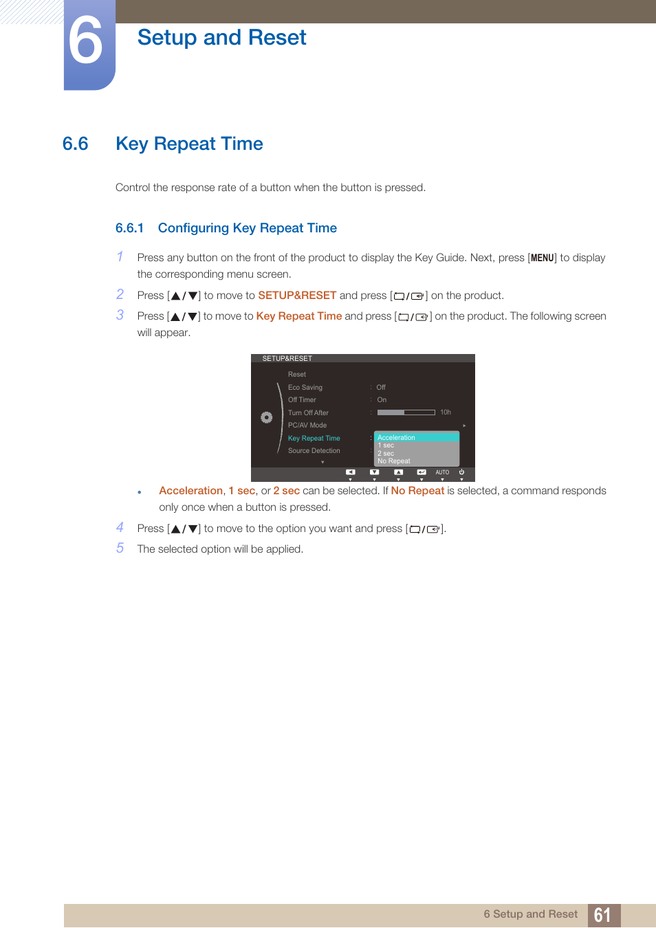 6 key repeat time, 1 configuring key repeat time, Key repeat time | Configuring key repeat time, Setup and reset | Samsung LS19C45KBRV-GO User Manual | Page 61 / 122