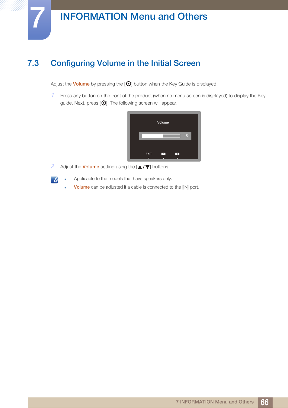 3 configuring volume in the initial screen, Configuring volume in the initial screen, Information menu and others | Samsung LS19C45KBRV-GO User Manual | Page 66 / 122