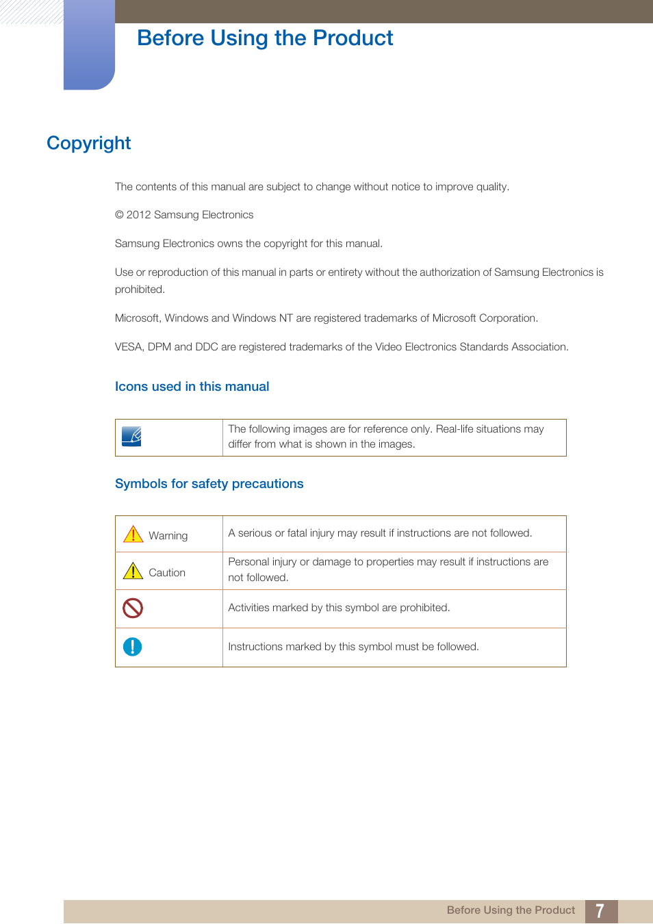 Before using the product, Copyright, Icons used in this manual | Symbols for safety precautions, Before using the, Product | Samsung LS19C45KBRV-GO User Manual | Page 7 / 122