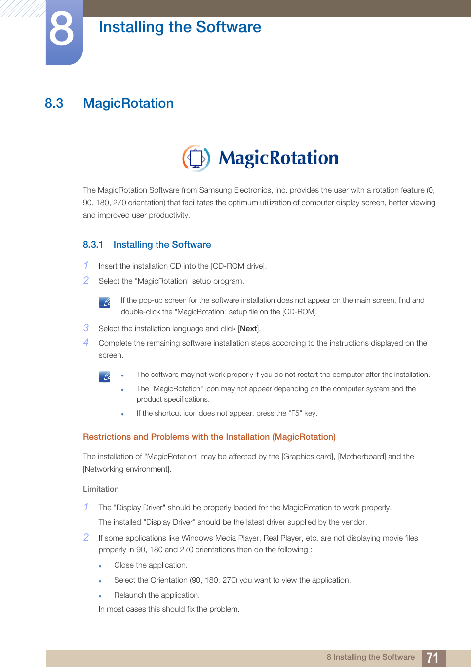 3 magicrotation, 1 installing the software, Magicrotation | Installing the software | Samsung LS19C45KBRV-GO User Manual | Page 71 / 122