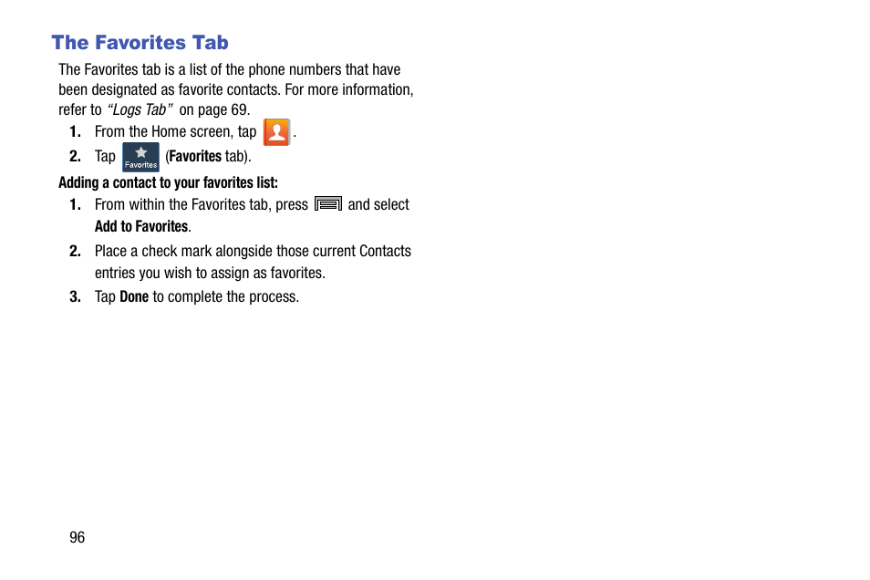 The favorites tab | Samsung SM-N900TZWETMB User Manual | Page 102 / 375