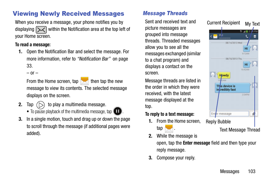 Viewing newly received messages | Samsung SM-N900TZWETMB User Manual | Page 109 / 375