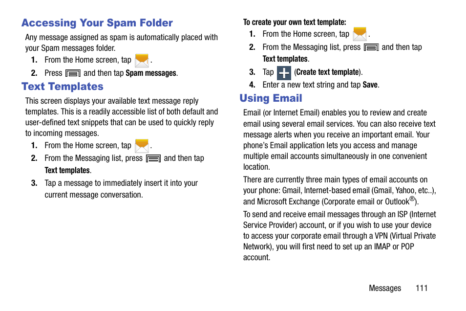 Accessing your spam folder, Text templates, Using email | S. for more information, refer to “text templates | Samsung SM-N900TZWETMB User Manual | Page 117 / 375