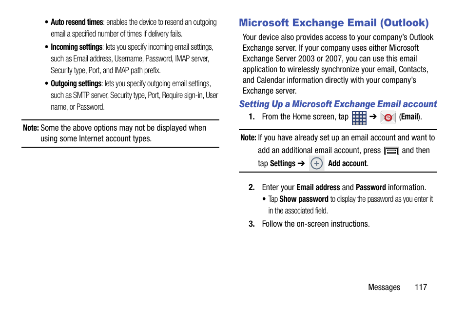 Microsoft exchange email (outlook) | Samsung SM-N900TZWETMB User Manual | Page 123 / 375