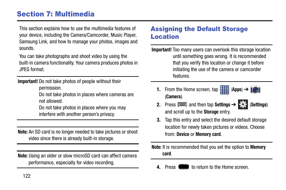 Section 7: multimedia, Assigning the default storage location | Samsung SM-N900TZWETMB User Manual | Page 128 / 375