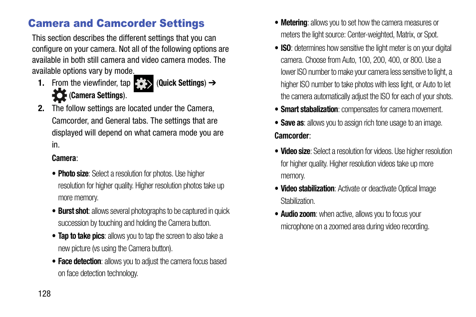 Camera and camcorder settings | Samsung SM-N900TZWETMB User Manual | Page 134 / 375