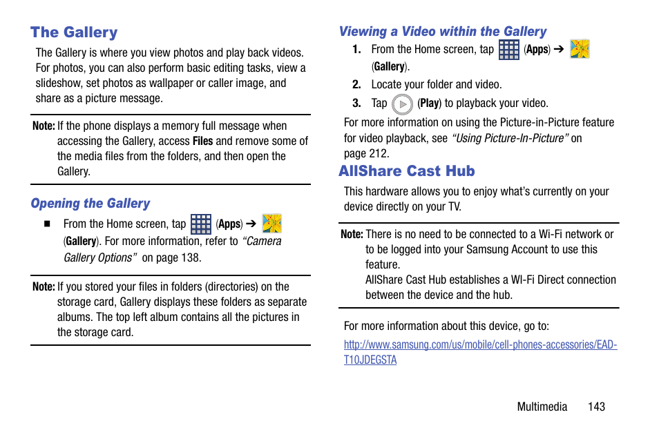 The gallery, Allshare cast hub, The gallery allshare cast hub | Samsung SM-N900TZWETMB User Manual | Page 149 / 375