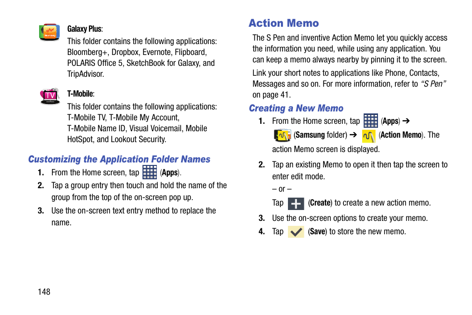 Action memo | Samsung SM-N900TZWETMB User Manual | Page 154 / 375