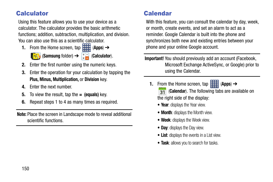 Calculator, Calendar, Calculator calendar | Samsung SM-N900TZWETMB User Manual | Page 156 / 375