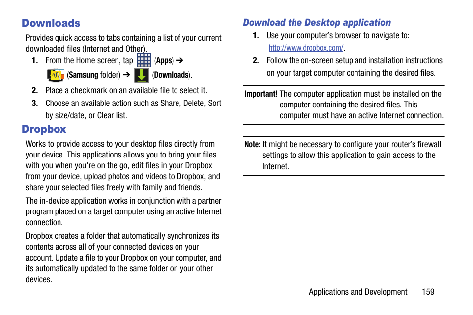Downloads, Dropbox, Downloads dropbox | Samsung SM-N900TZWETMB User Manual | Page 165 / 375