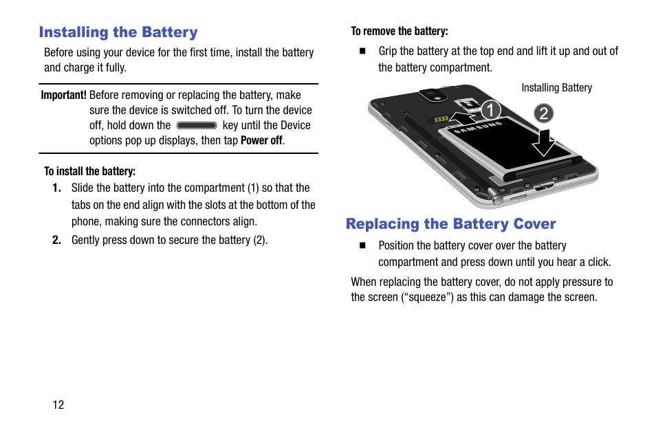 Installing the battery, Replacing the battery cover, Installing the battery replacing the battery cover | Samsung SM-N900TZWETMB User Manual | Page 18 / 375
