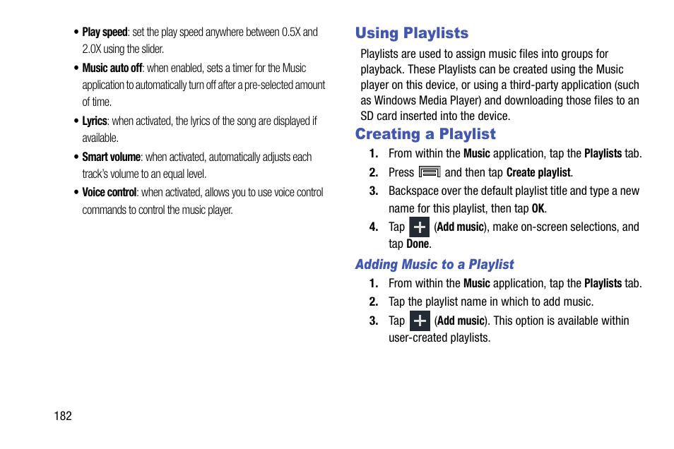 Using playlists, Creating a playlist, Using playlists creating a playlist | Samsung SM-N900TZWETMB User Manual | Page 188 / 375