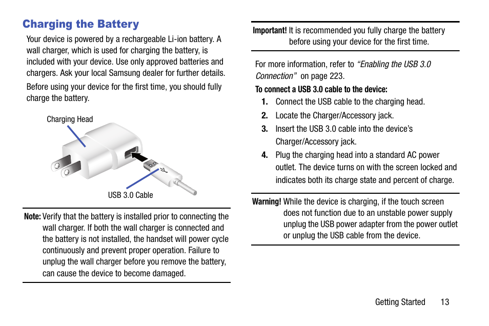 Charging the battery | Samsung SM-N900TZWETMB User Manual | Page 19 / 375