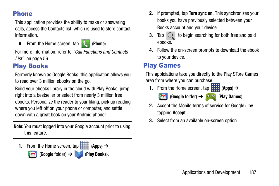 Phone, Play books, Play games | Phone play books play games | Samsung SM-N900TZWETMB User Manual | Page 193 / 375