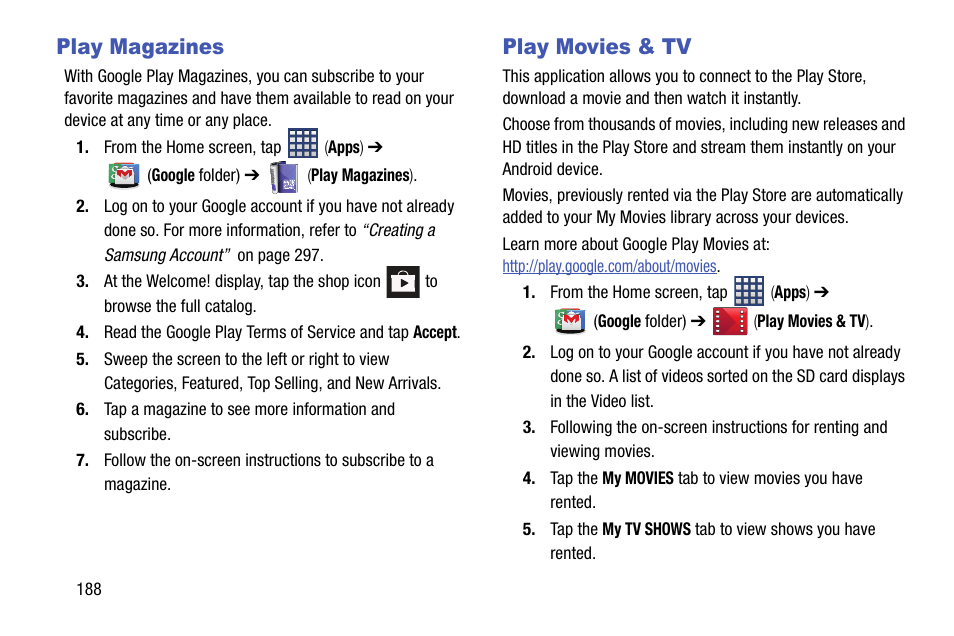 Play magazines, Play movies & tv, Play magazines play movies & tv | Samsung SM-N900TZWETMB User Manual | Page 194 / 375