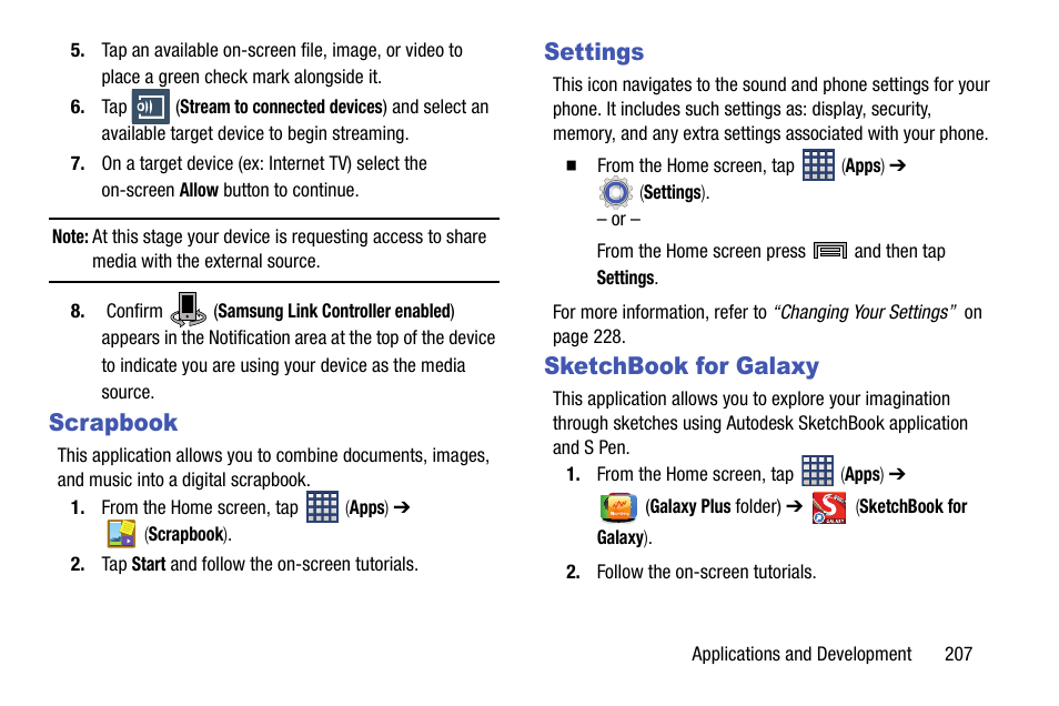 Scrapbook, Settings, Sketchbook for galaxy | Scrapbook settings sketchbook for galaxy | Samsung SM-N900TZWETMB User Manual | Page 213 / 375