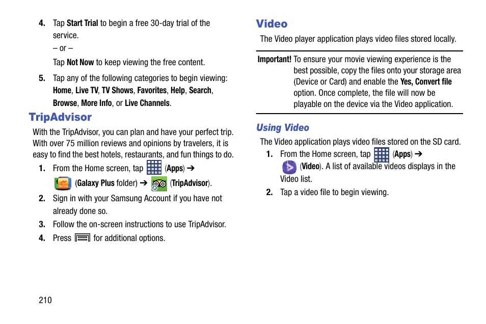 Tripadvisor, Video, Tripadvisor video | Samsung SM-N900TZWETMB User Manual | Page 216 / 375