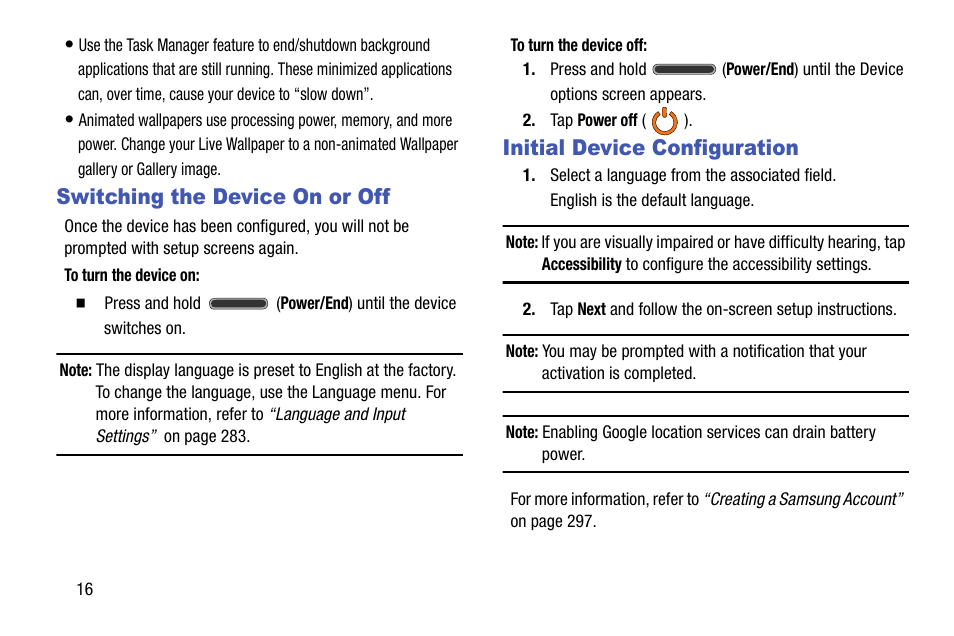 Switching the device on or off, Initial device configuration | Samsung SM-N900TZWETMB User Manual | Page 22 / 375