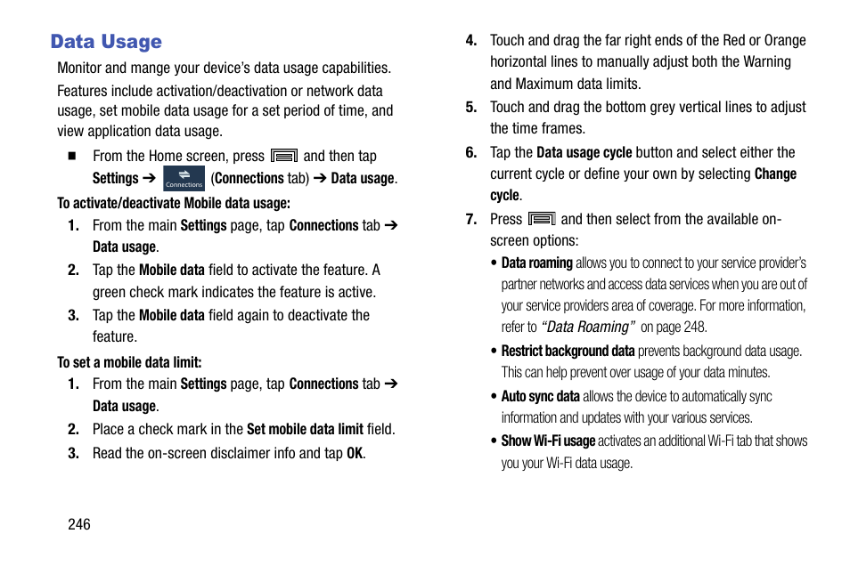 Data usage | Samsung SM-N900TZWETMB User Manual | Page 252 / 375