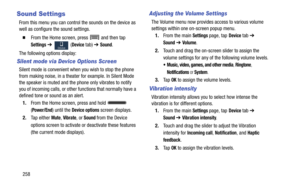 Sound settings | Samsung SM-N900TZWETMB User Manual | Page 264 / 375