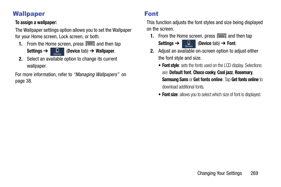 Wallpaper, Font, Wallpaper font | Samsung SM-N900TZWETMB User Manual | Page 275 / 375