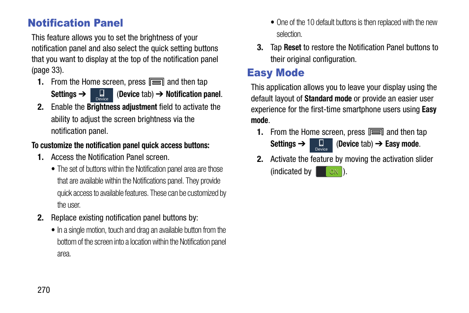 Notification panel, Easy mode, Notification panel easy mode | Samsung SM-N900TZWETMB User Manual | Page 276 / 375