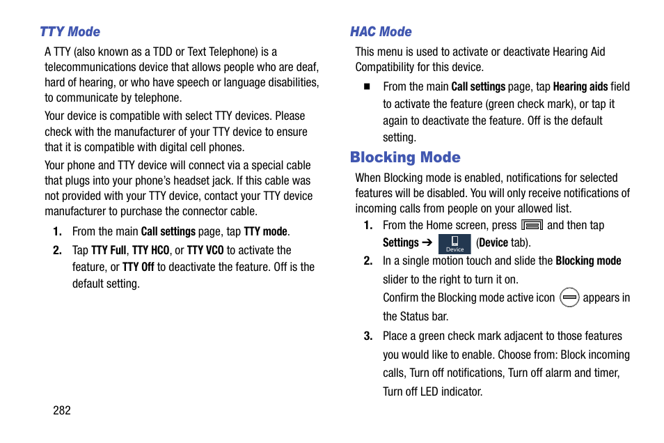 Blocking mode, S. for more, For more information, refer to “hac mode” on | Samsung SM-N900TZWETMB User Manual | Page 288 / 375