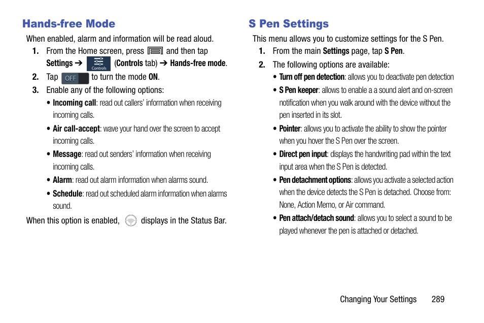 Hands-free mode, S pen settings, Hands-free mode s pen settings | Samsung SM-N900TZWETMB User Manual | Page 295 / 375