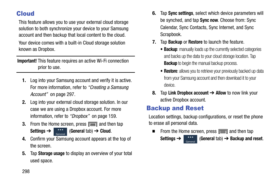 Cloud, Backup and reset, Cloud backup and reset | Samsung SM-N900TZWETMB User Manual | Page 304 / 375