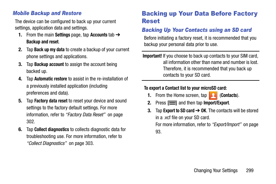 Backing up your data before factory reset, Backing up your data before factory reset . 299 | Samsung SM-N900TZWETMB User Manual | Page 305 / 375