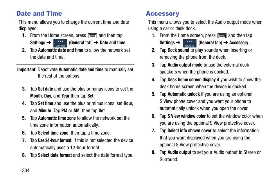 Date and time, Accessory, Date and time accessory | Samsung SM-N900TZWETMB User Manual | Page 310 / 375