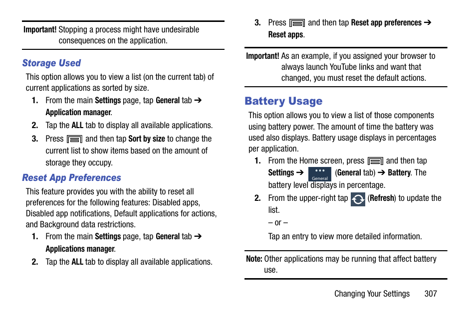 Battery usage | Samsung SM-N900TZWETMB User Manual | Page 313 / 375