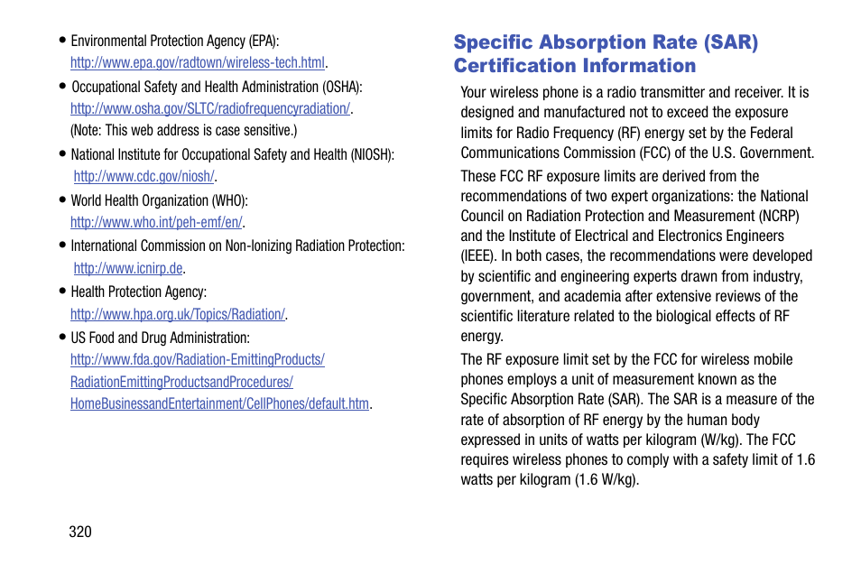Specific absorption rate (sar) certification, Information | Samsung SM-N900TZWETMB User Manual | Page 326 / 375