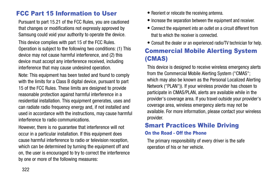 Fcc part 15 information to user, Commercial mobile alerting system (cmas), Smart practices while driving | Samsung SM-N900TZWETMB User Manual | Page 328 / 375