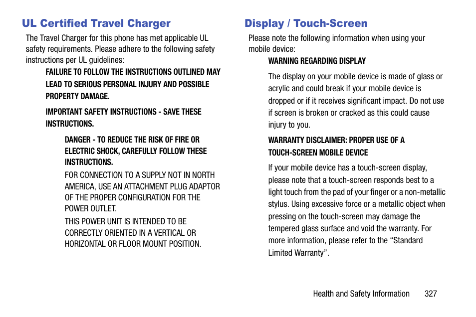 Ul certified travel charger, Display / touch-screen, Ul certified travel charger display / touch-screen | Samsung SM-N900TZWETMB User Manual | Page 333 / 375