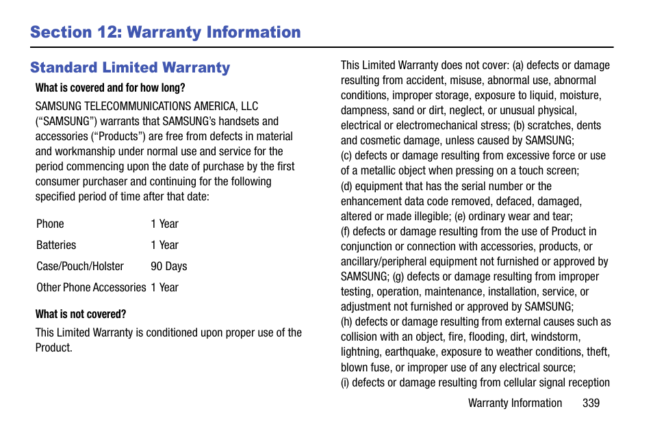 Section 12: warranty information, Standard limited warranty | Samsung SM-N900TZWETMB User Manual | Page 345 / 375
