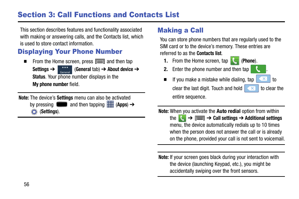 Section 3: call functions and contacts list, Displaying your phone number, Making a call | Displaying your phone number making a call | Samsung SM-N900TZWETMB User Manual | Page 62 / 375