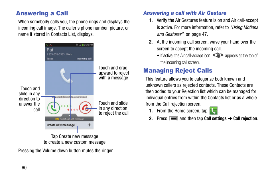 Answering a call, Managing reject calls, Answering a call managing reject calls | Samsung SM-N900TZWETMB User Manual | Page 66 / 375