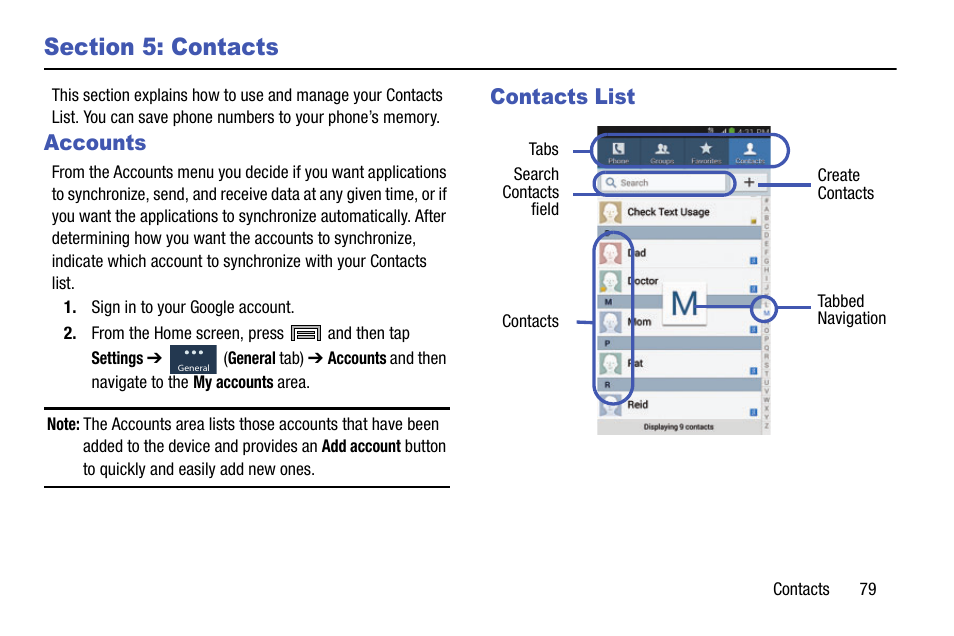 Section 5: contacts, Accounts, Contacts list | Accounts contacts list | Samsung SM-N900TZWETMB User Manual | Page 85 / 375