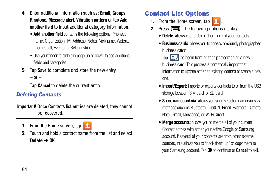 Contact list options | Samsung SM-N900TZWETMB User Manual | Page 90 / 375