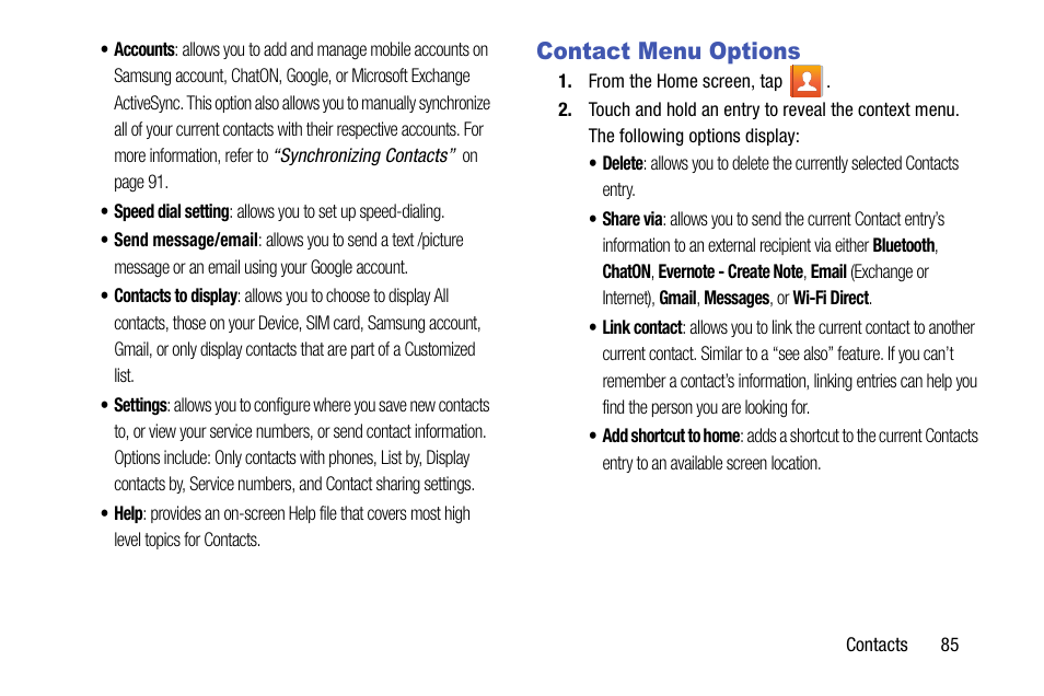 Contact menu options | Samsung SM-N900TZWETMB User Manual | Page 91 / 375