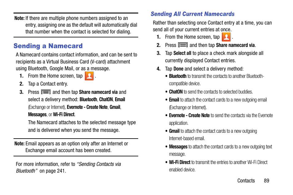 Sending a namecard | Samsung SM-N900TZWETMB User Manual | Page 95 / 375