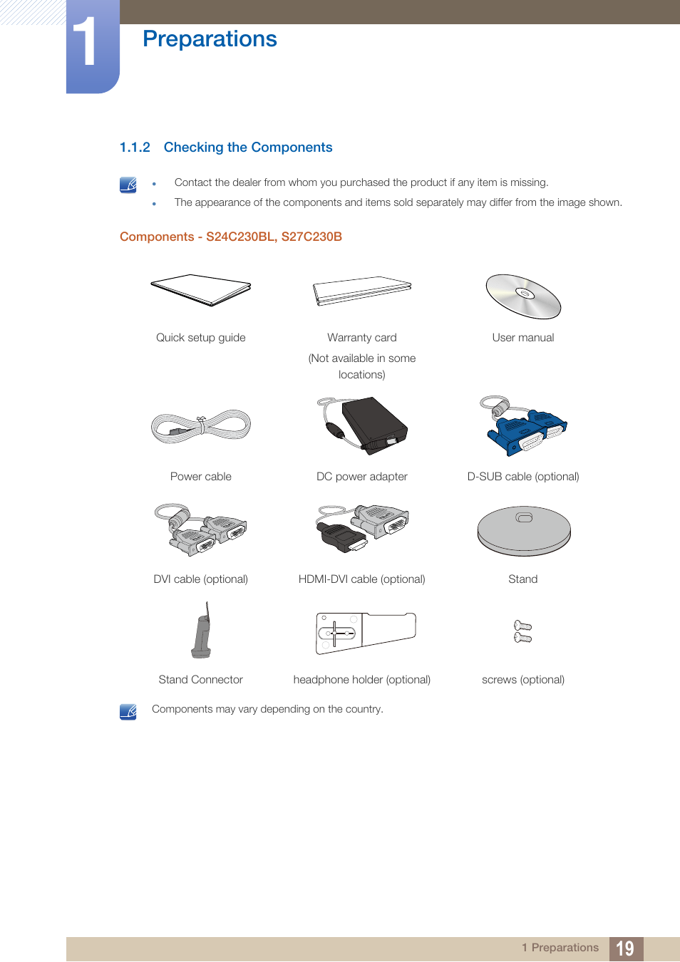 2 checking the components, Checking the components, Preparations | Samsung LS24C230BL-ZC User Manual | Page 19 / 77