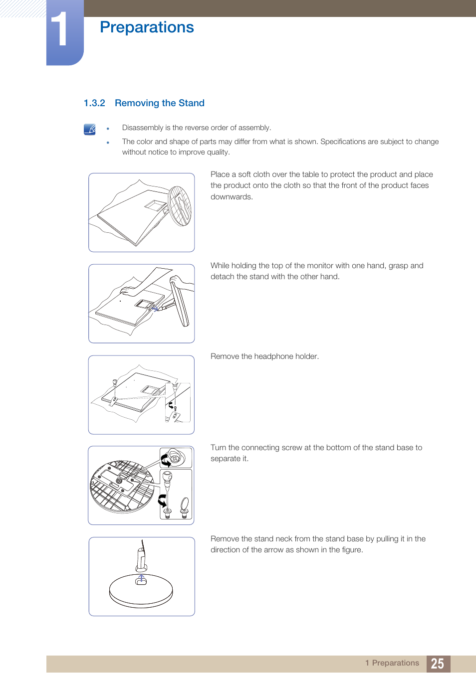 2 removing the stand, Removing the stand, Preparations | Samsung LS24C230BL-ZC User Manual | Page 25 / 77