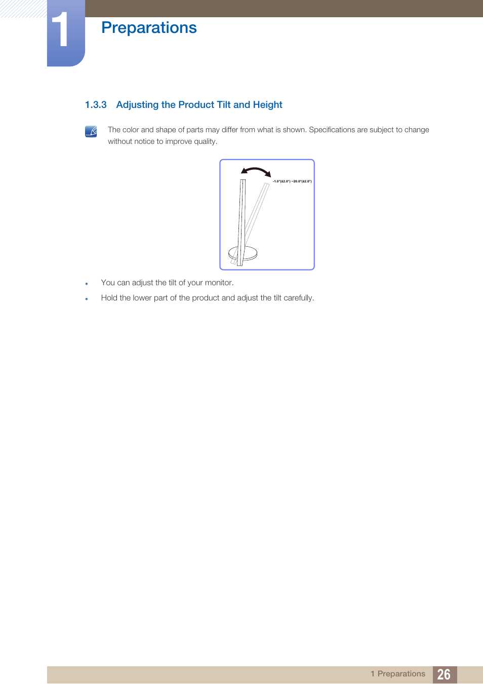 3 adjusting the product tilt and height, Adjusting the product tilt and height, Preparations | Samsung LS24C230BL-ZC User Manual | Page 26 / 77