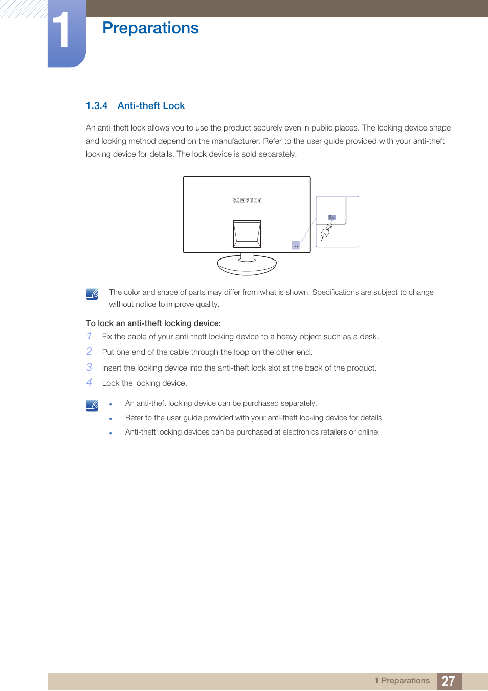 4 anti-theft lock, Anti-theft lock, Preparations | Samsung LS24C230BL-ZC User Manual | Page 27 / 77