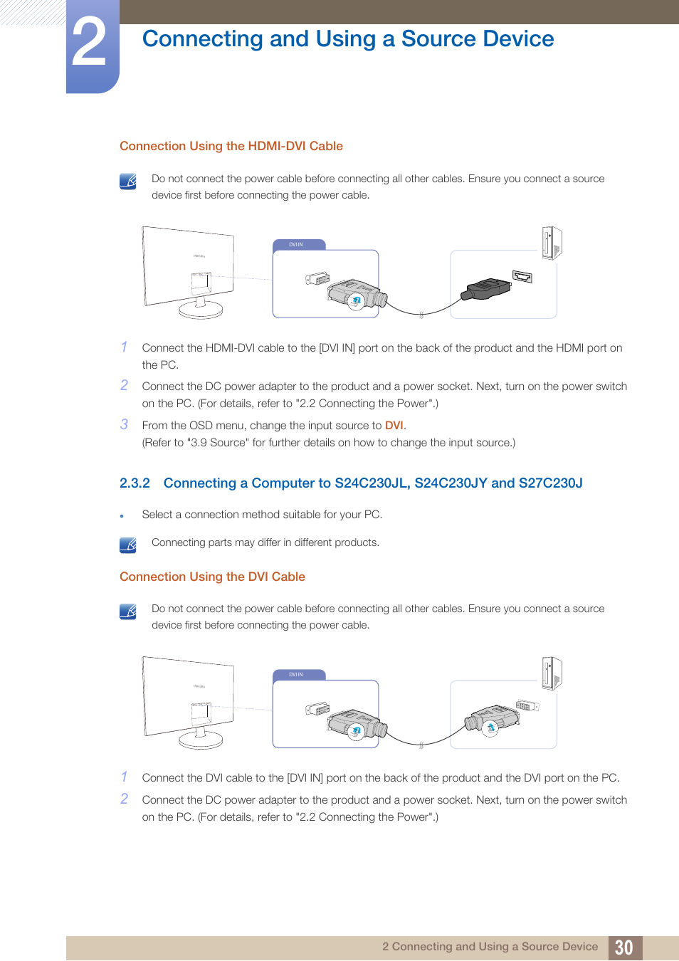 Connecting and using a source device | Samsung LS24C230BL-ZC User Manual | Page 30 / 77