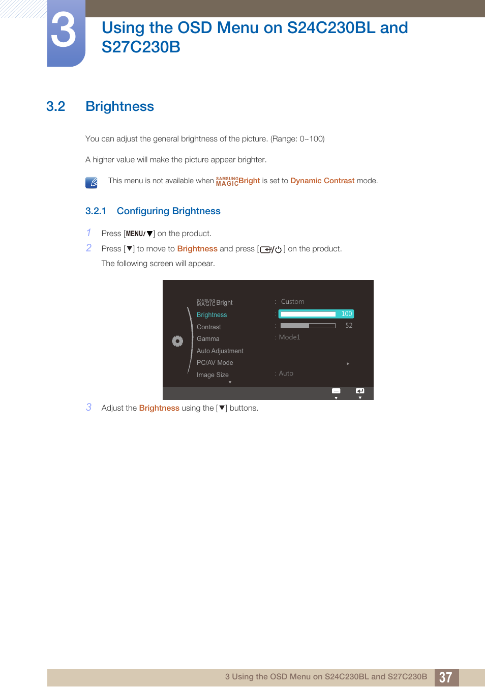 2 brightness, 1 configuring brightness, Brightness | Configuring brightness | Samsung LS24C230BL-ZC User Manual | Page 37 / 77