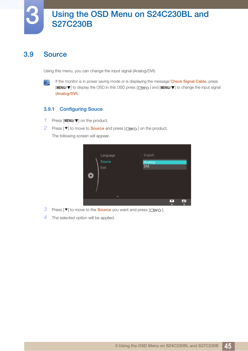 9 source, 1 configuring souce, Source | Configuring souce | Samsung LS24C230BL-ZC User Manual | Page 45 / 77