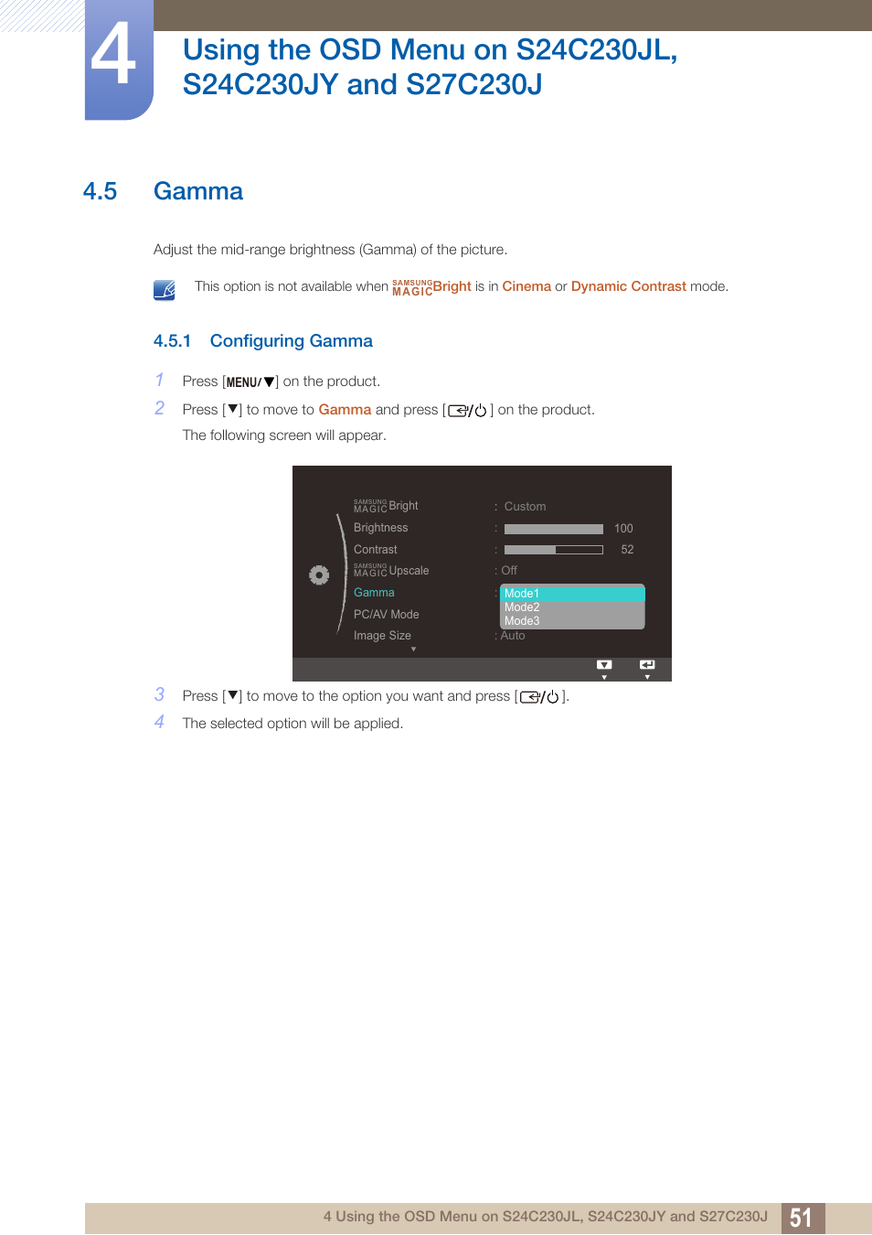 5 gamma, 1 configuring gamma, Gamma | Configuring gamma | Samsung LS24C230BL-ZC User Manual | Page 51 / 77